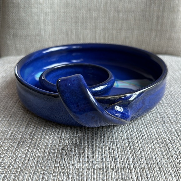 Studio Pottery Handmade Candle Holder Artist Signed Colbalt Blue w/ Pastel Swirl - Picture 3 of 9